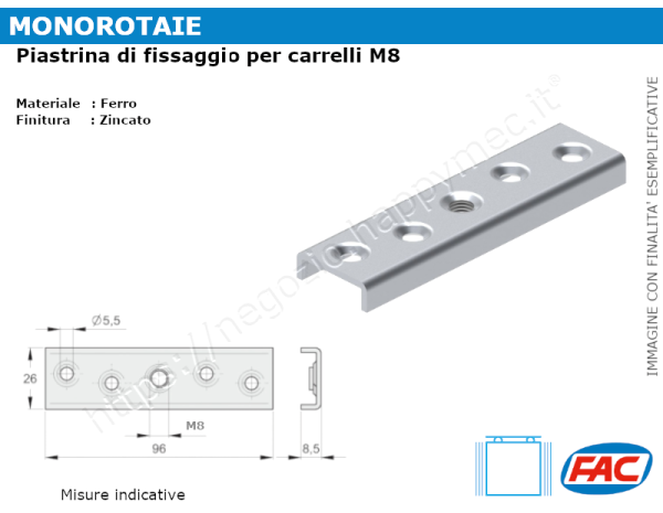 Piastrina di fissaggio filettata per carrelli con perno M8