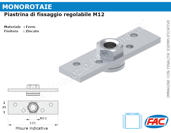 Piastrina di fissaggio regolabile per carrelli con perno M12