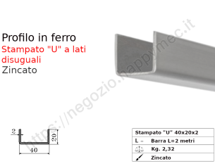 Profilo "U" stampato a lati diversi 40x20x2 in barre zincate