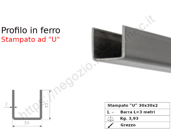 Profilo "U" stampato a lati uguali 30x30x2 in barre grezze